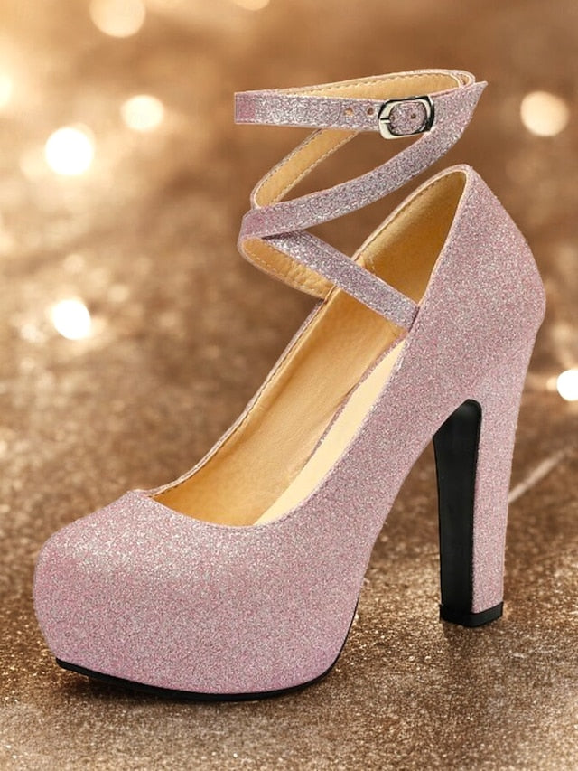Strap Ankle Glitter with Pink Platform – Women's Heels