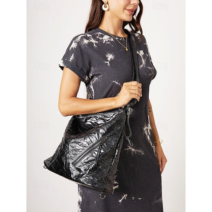 Schwarze Hobo-Tasche aus Leder für Damen – Lack-Crinkle-Tasche Sleek