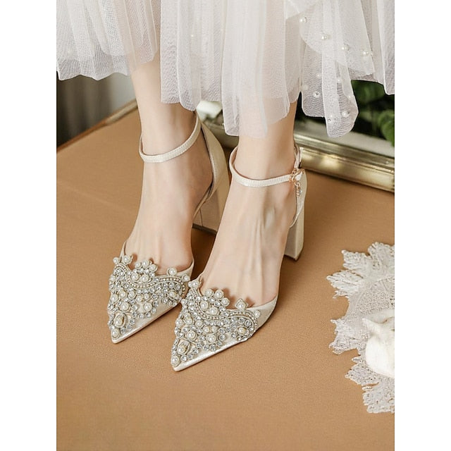 Pearl Embellished Wedding Women's and Rhinestone Block Heel