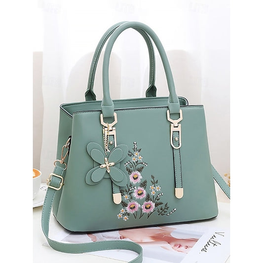 Damen Handtasche aus Kunstleder mit Stickerei und Blumenmuster, Grün