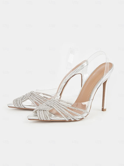 Sandals Stiletto Silver with Transparent Rhinestone – Straps