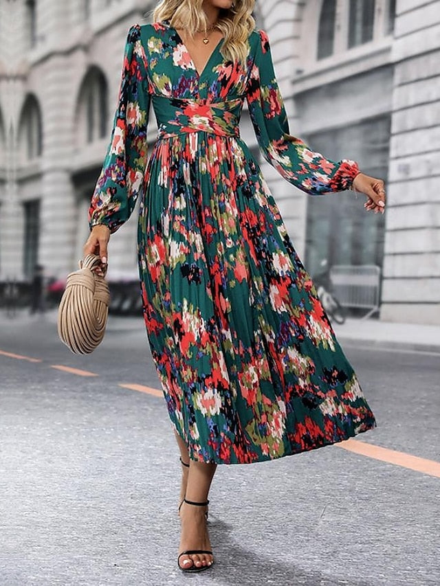 Women's Graphic Print V Neck Long Dress Maxi Dress Long