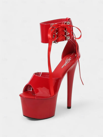 Straps Black Leather Ankle Lace-Up with Patent Sandals Platform