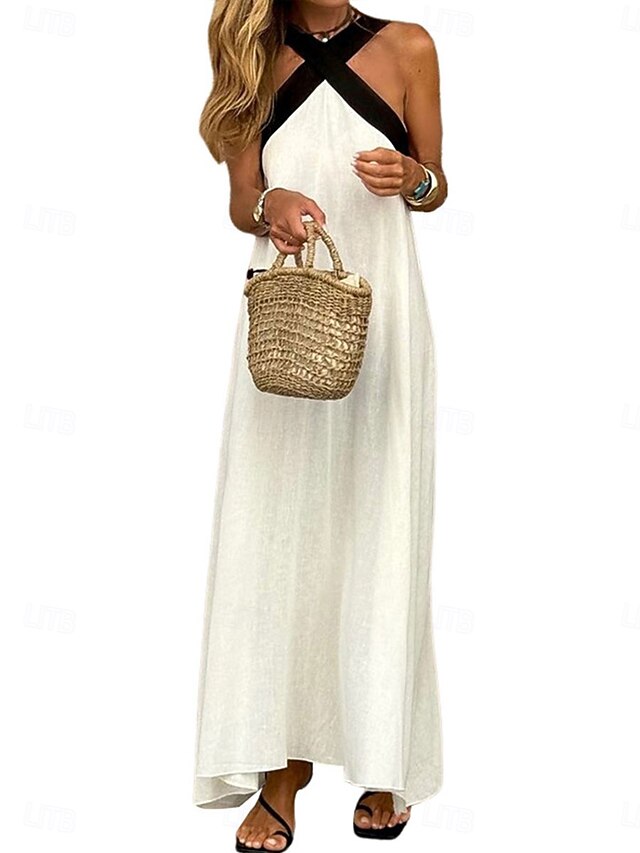 Women's Black White Summer Spring Maxi Dress Cotton Blend