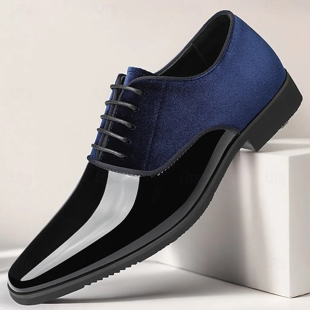 Blue Men's Finish Shoes White with and Dress Velvet Glossy