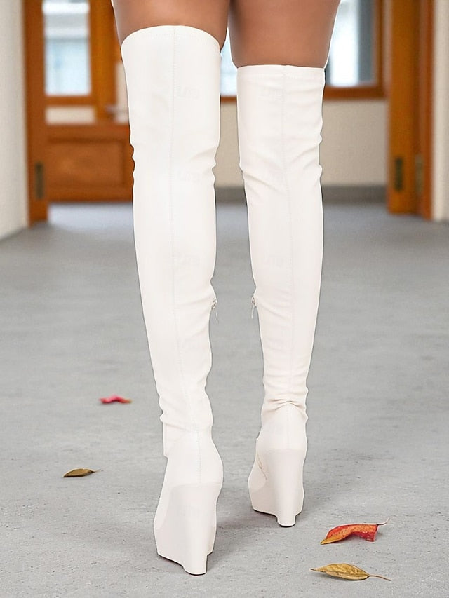 Black Heel Faux Over Boots Knee - Women's the Wedge Leather