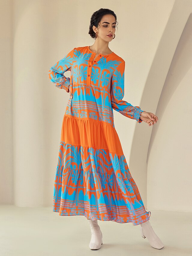 Plants Linear Button Up Crew Neck Ethnic Casual Maxi Dress