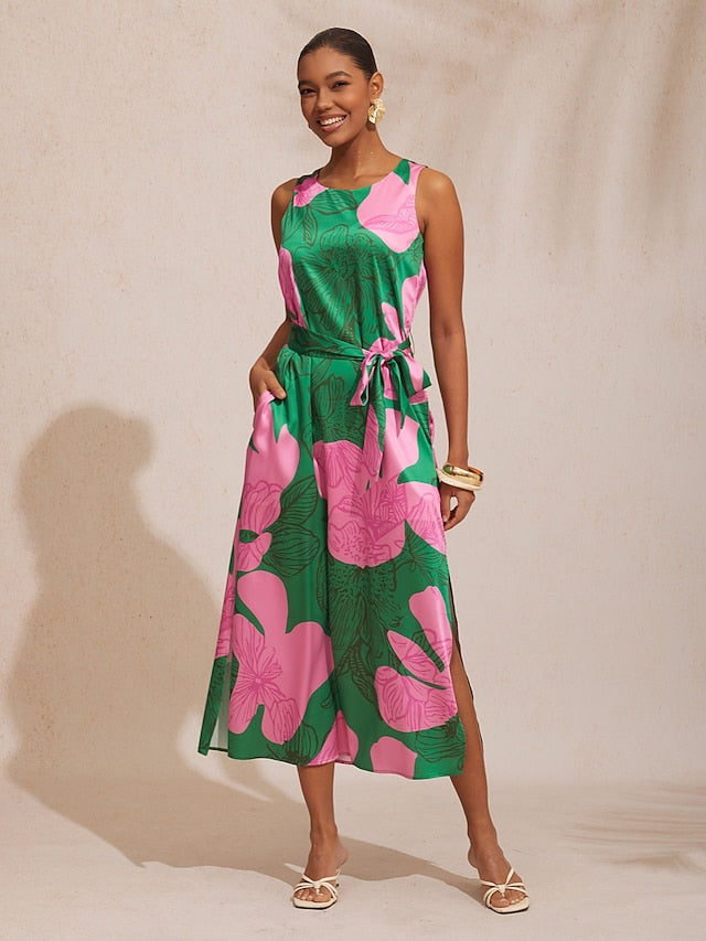 Vacation Contrast Color Floral Print Satin Maxi Dress