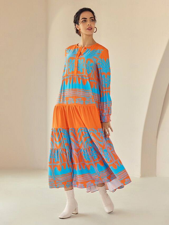 Plants Linear Button Up Crew Neck Ethnic Casual Maxi Dress