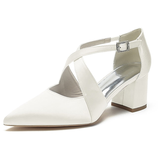 Block Pointed Toe Women's – Satin Elegant Heels White