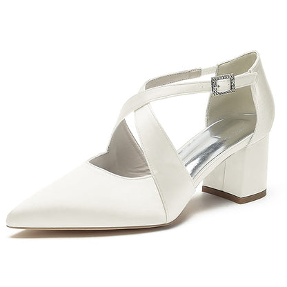 Block Pointed Toe Women's – Satin Elegant Heels White