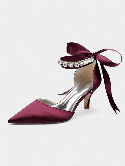 Strap Blue Heels Satin with Ankle Rhinestone and Pointed-Kitten