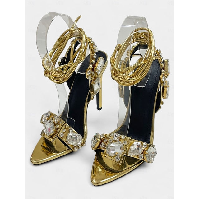 Stiletto Green Women's Heels Lace-Up with Metallic