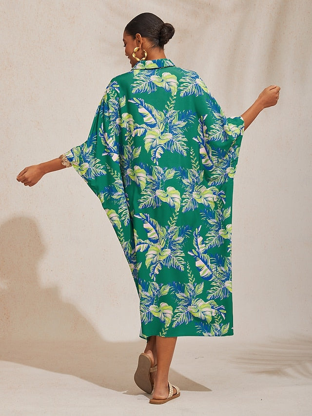 Leaf Print Shirt Short Sleeve Midi Chiffon Dress