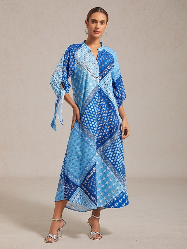 Women's maxi Dress Geometric Floral Patchwork Print Stand