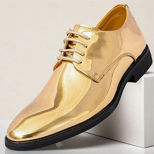 Patent Lace-Up Shoes Sleek Gold for Shiny – Leather Men