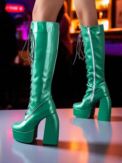 Lace-Up Platform Metallic - Women's Boots High Knee Silver