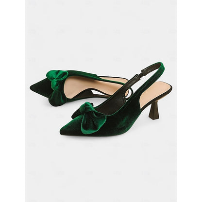 Women's Bow Pointed Velvet Heels Slingback Toe with Blue
