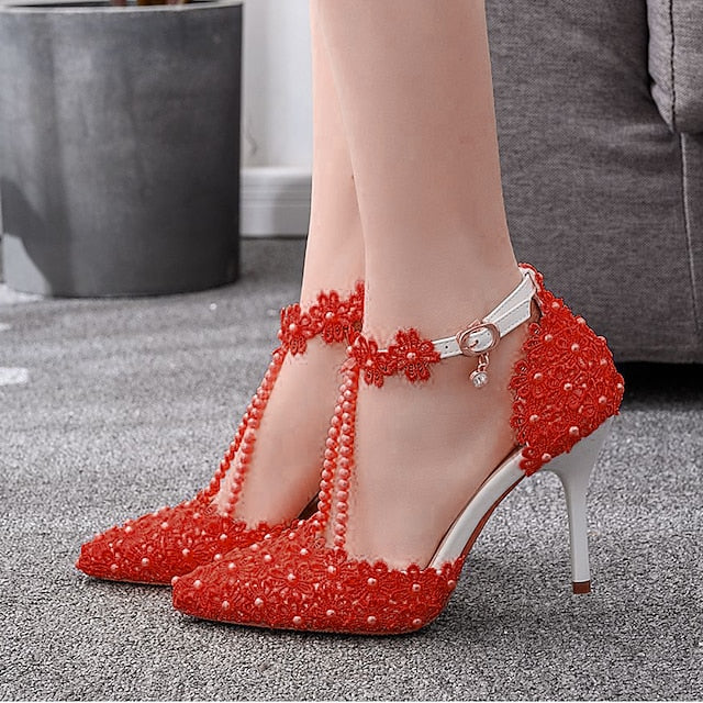 Wedding Shoes Heel Pointed High Women's Lace Bridal