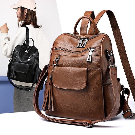 et sac à dos vintage en cuir avec pompon et similicuir pour femme