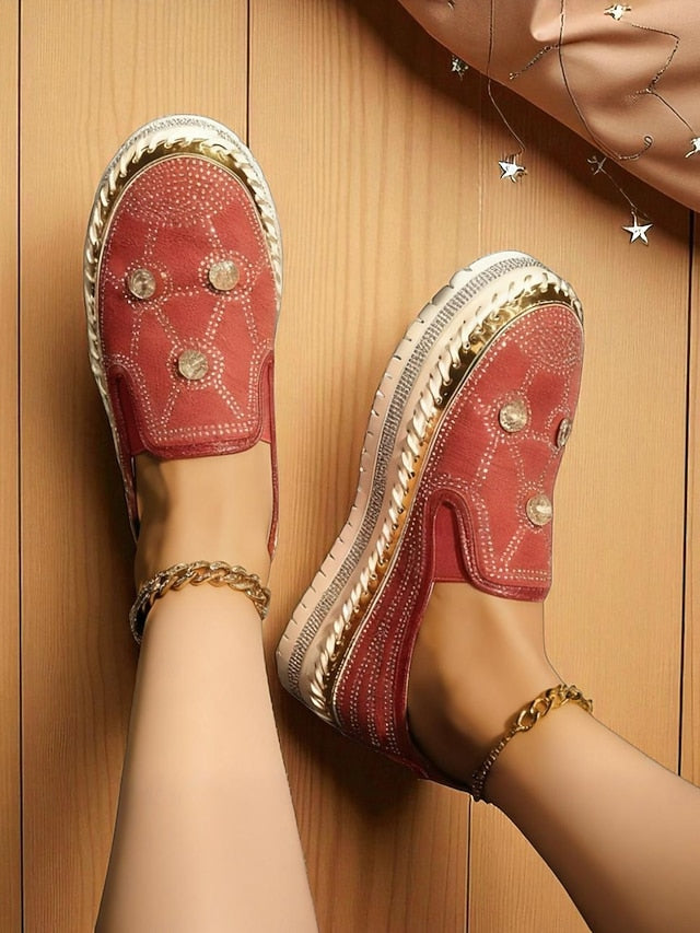 Sneakers with Red Platform Rhinestone Women's Slip-On Studs