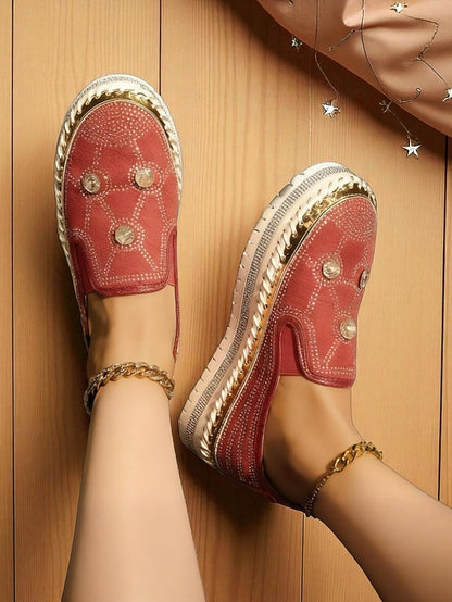 Sneakers with Red Platform Rhinestone Women's Slip-On Studs