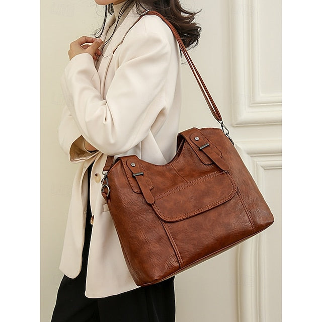 Brown Faux Bag Women's Leather Tote with Vintage Dual