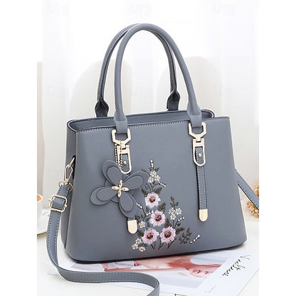 Faux Women's Handbag Embroidery Floral with Leather Green