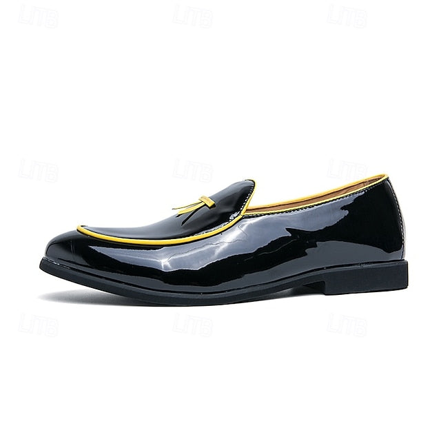 Leather Black Men's Patent Yellow Trim Loafers Faux with