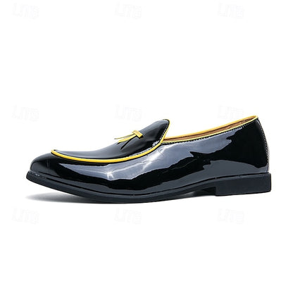 Leather Black Men's Patent Yellow Trim Loafers Faux with