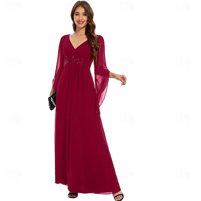 Neck Simple Mother V A-Line Elegant Bride the of Floor Dress