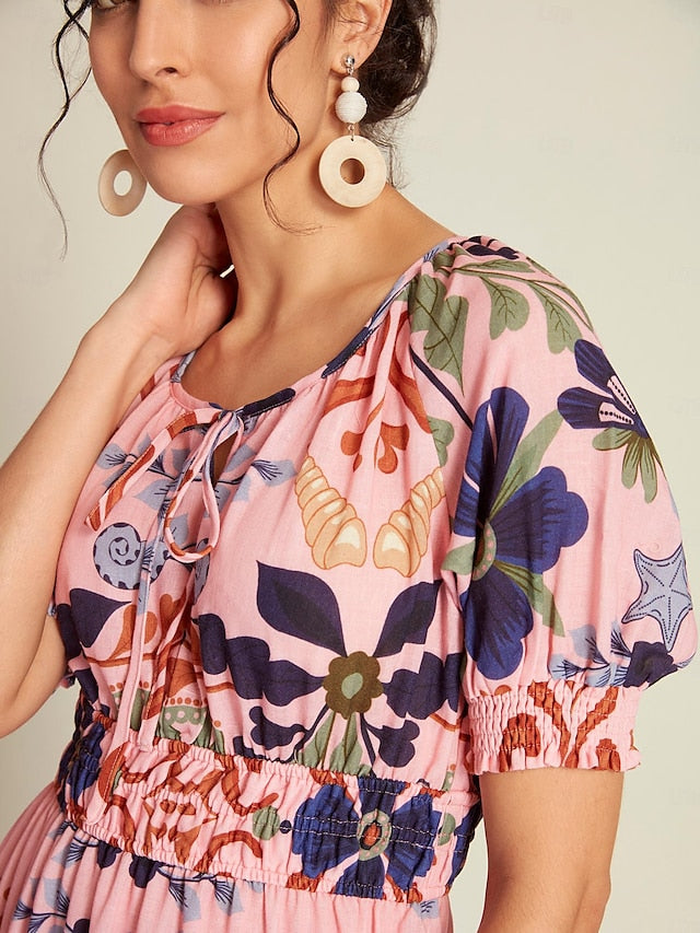 Floral Lace Up Elegant Short Sleeve Midi Dress