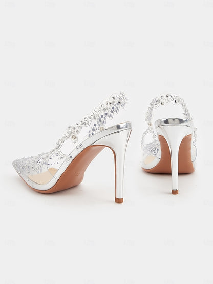 Clear Slingback Heels Rhinestone Women's Pointed with Toe