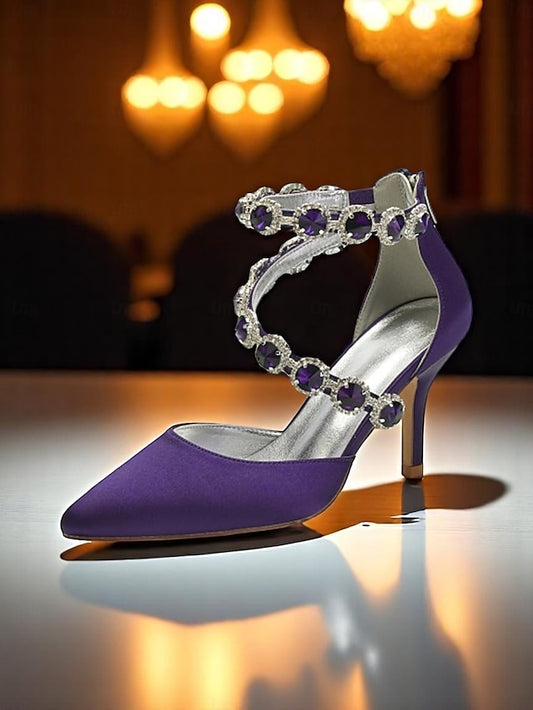 Purple Shoes Women's with Heel High Satin Rhinestone