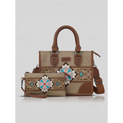 and Set Women's Ethnic Leather Faux Handbag Canvas with