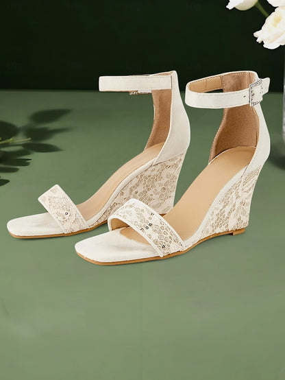 Sandals Lace Women White Ankle Wedge for – Strap Stylish Heel