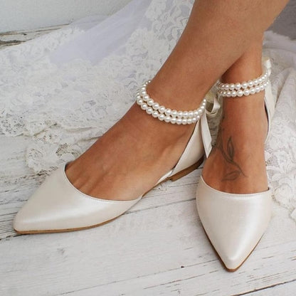 – Elegant Strap Bridal Ankle Flats White Women's Pearl