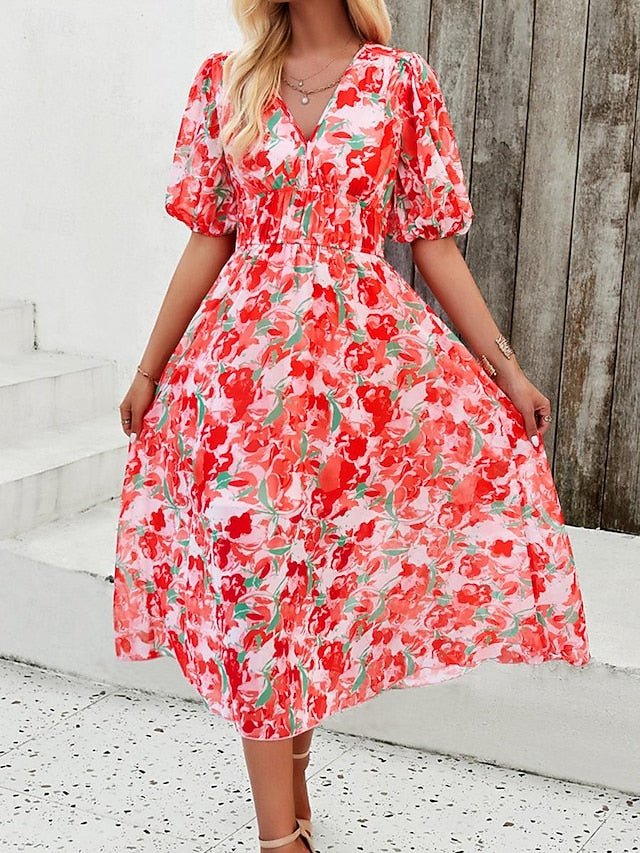 Women's Casual Dress Floral Print V Neck Midi Dress Ethnic