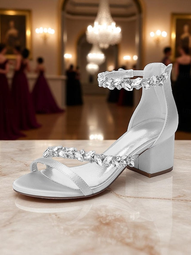 Purple Satin Crystal Sandals - Women's Heel Block