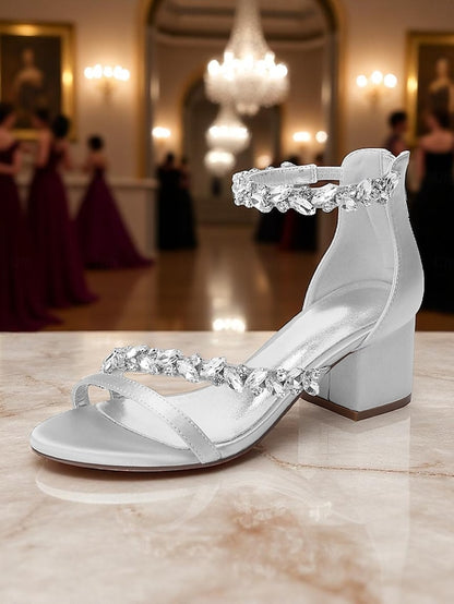 Purple Satin Crystal Sandals - Women's Heel Block