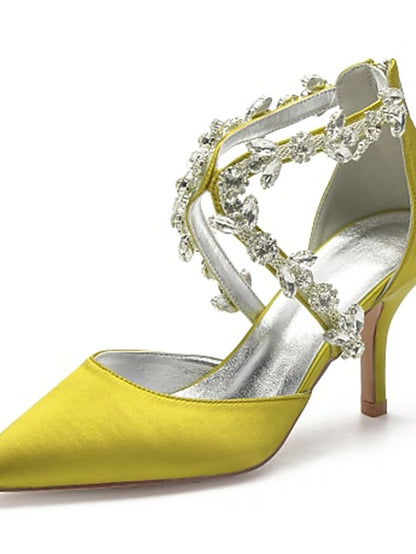 Heels Satin Women's White Pointed Crystal Strap – Elegant