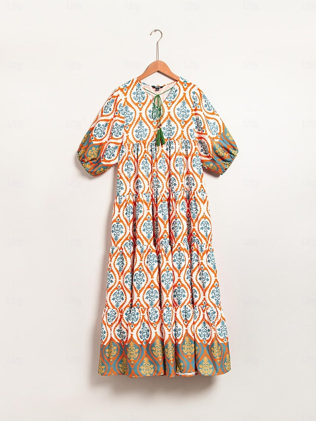 Satin Rainbow Totem Print Swing Maxi Dress