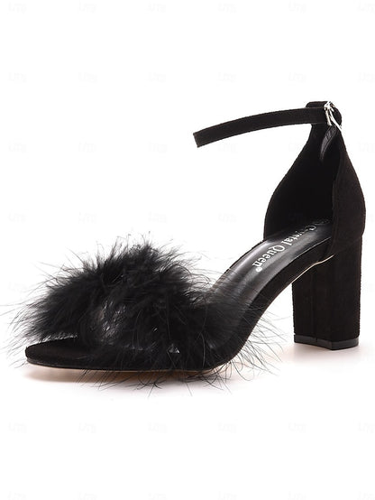 Feather-Embellished – Wedding Heel Block Sandals Women for