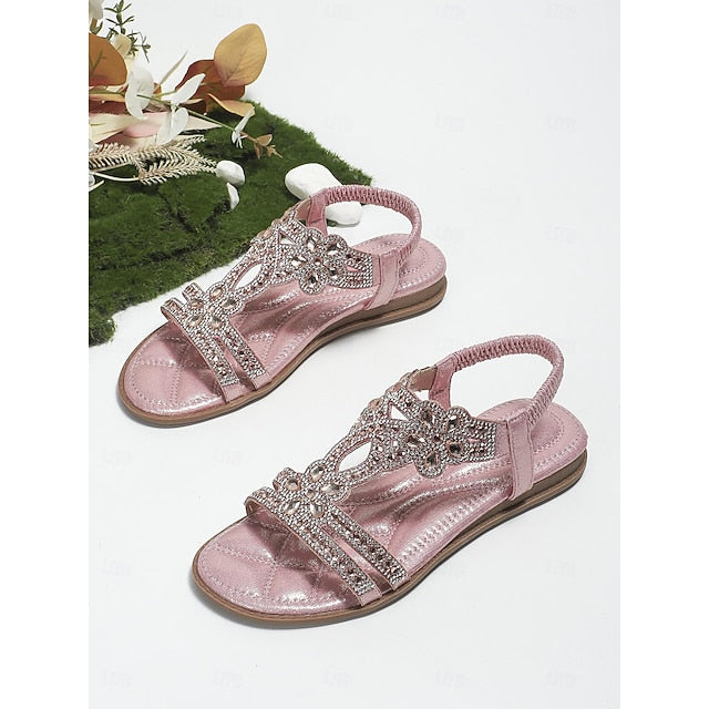 Flat Sandals Silver Women's – T-Strap Rhinestone Boho