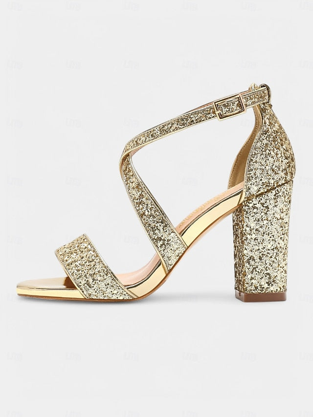 Glitter Gold Sandals Heel Block Women's