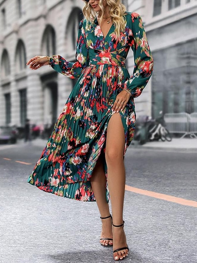 Women's Graphic Print V Neck Long Dress Maxi Dress Long