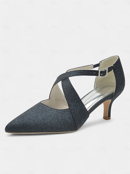 Glitter Cross Heels Rhinestone with Buckle Kitten White Strap