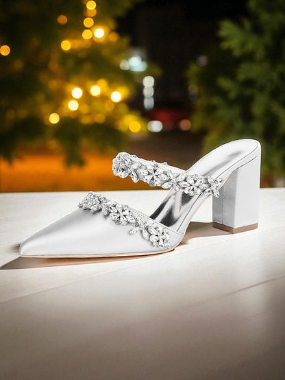 Floral Black Women's Block with Mules Rhinestone Heel Satin