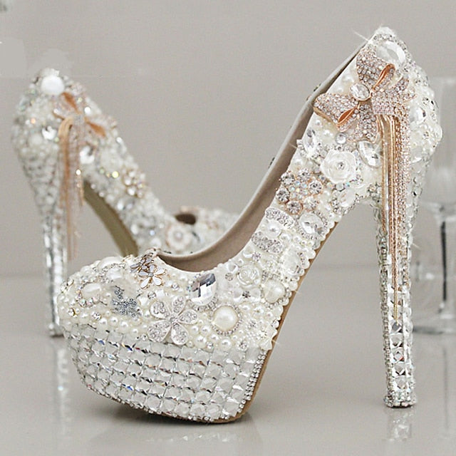 Women's White Platform Pearl Rhinestone Embellished and