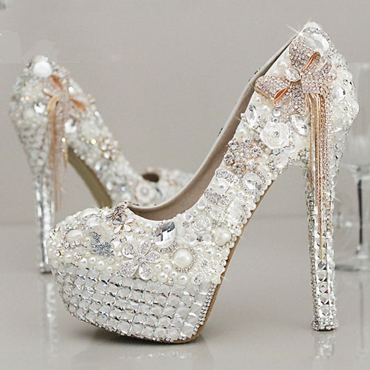 Women's White Platform Pearl Rhinestone Embellished and